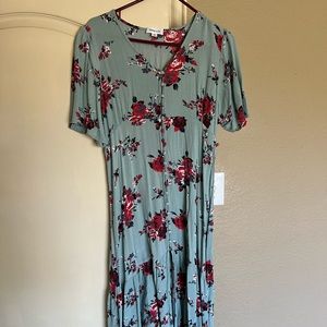 Sage green with red floral midi dress with buttons